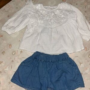 Primark White Ruffled Blouse with Blue Shorts